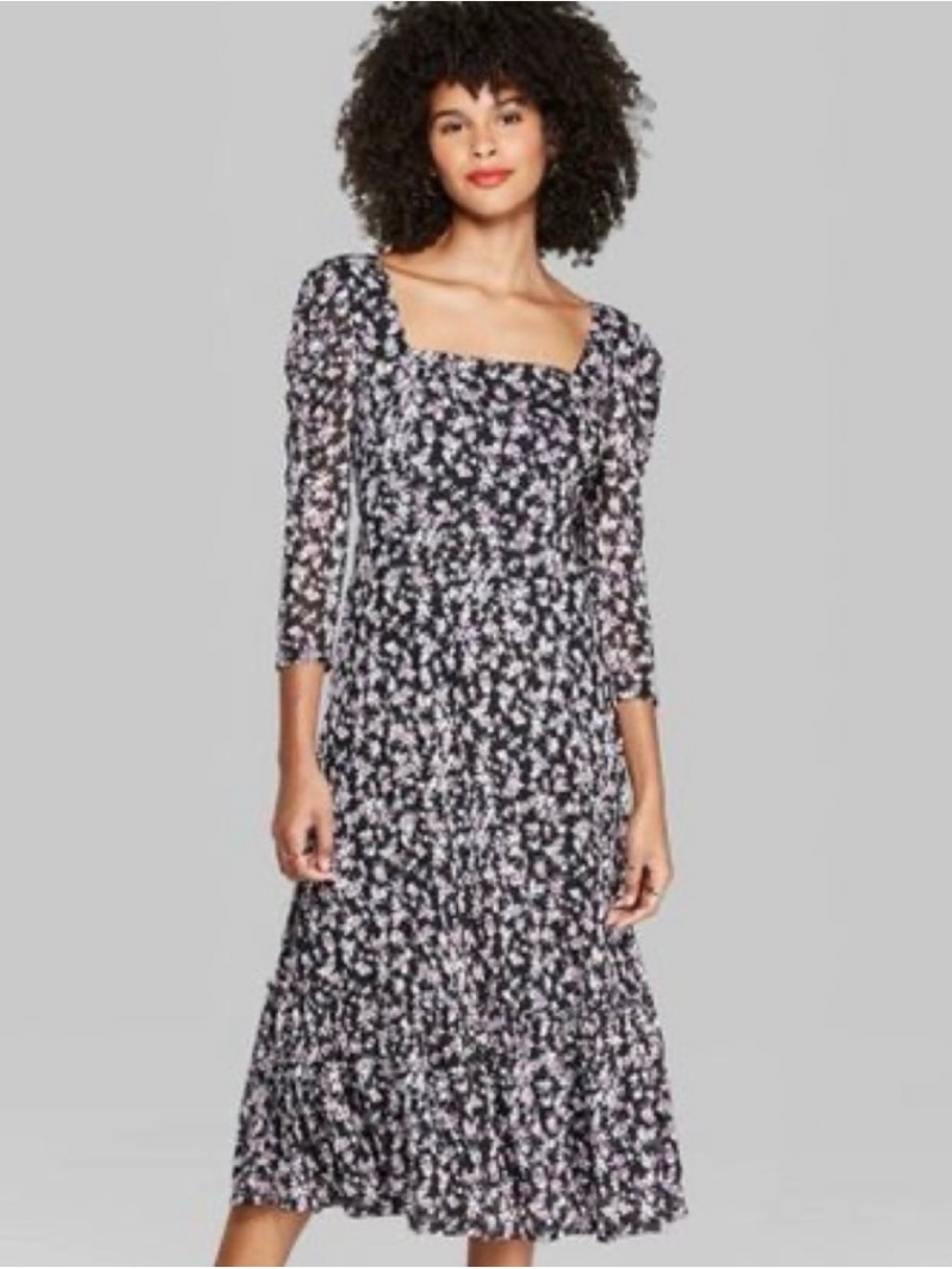 wild fable Black and Pink Floral Square-Neck Midi Dress